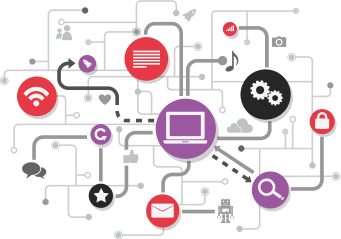 Vector art of a laptop connected to various icons and features through circuit-like lines, representing connections to different functionalities.