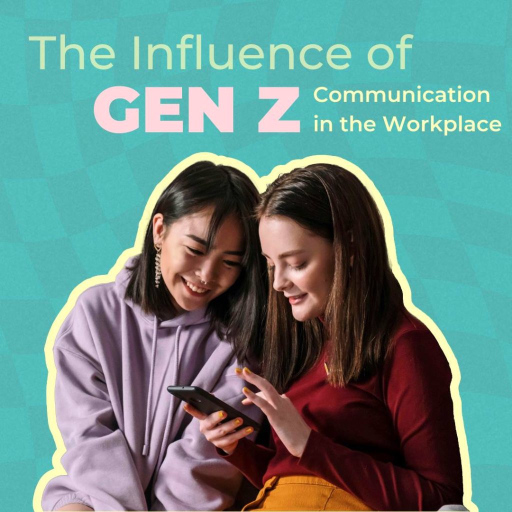 Two-women-smiling-at-their-phone-with-a-highlight-'The-Influence-of-GEN-Z-Communication-in-the-Workplace'