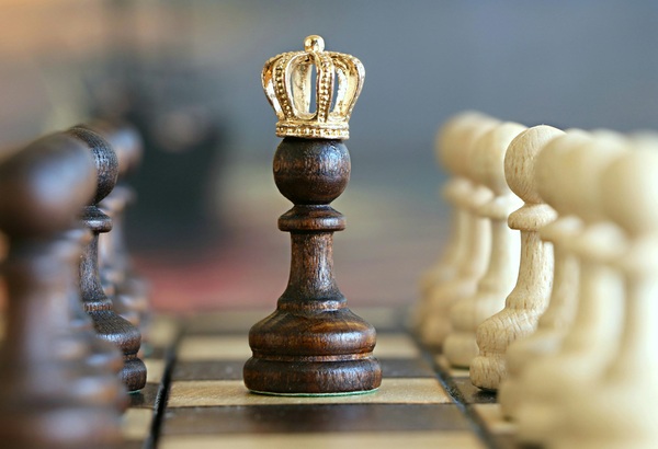 A brown pawn with a crown stands prominently on a chessboard, symbolizing strategic play