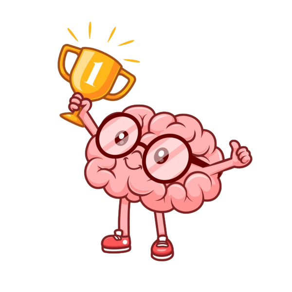 Illustration of a cartoon brain wearing glasses and shoes, holding an award