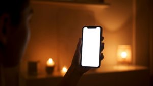 Hand holding a glowing phone with candles in the background, symbolizing life beyond digital noise.
