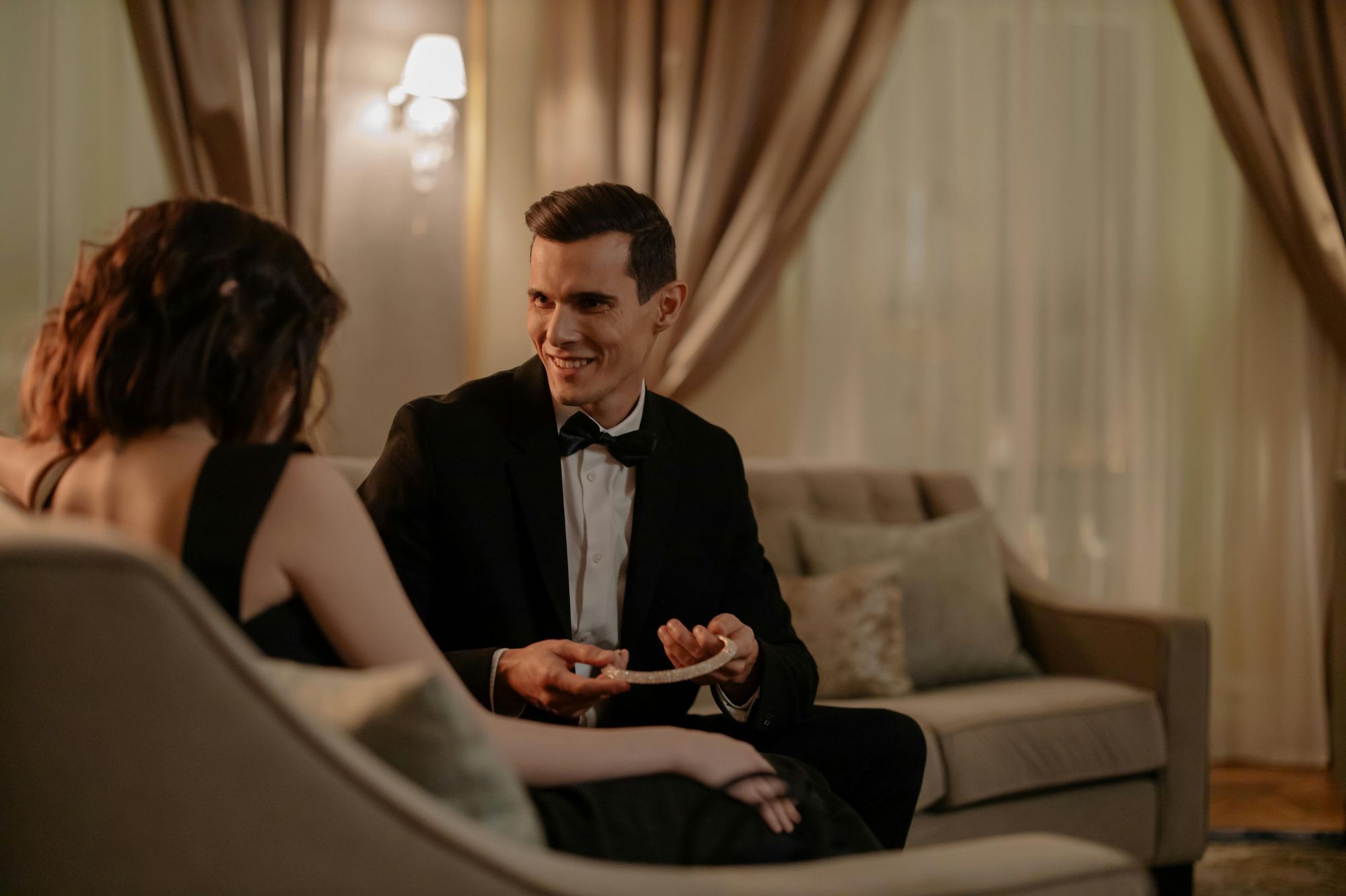 Man Surprising the Woman with Diamond Necklace for valentines day