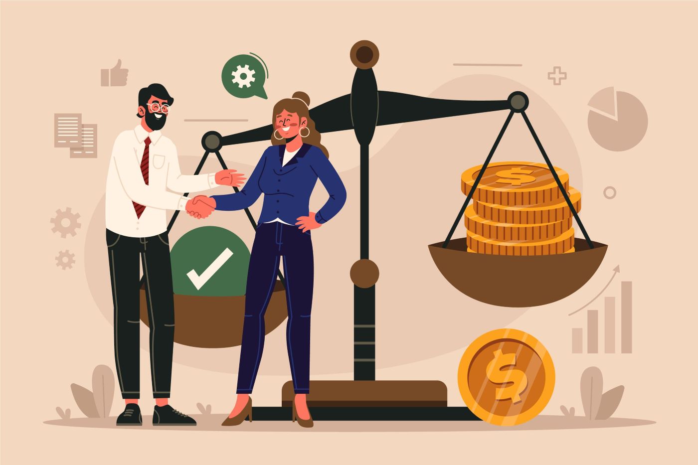 illustration-of-man-and-woman-shaking-hands-with-dollar-coin-in-back