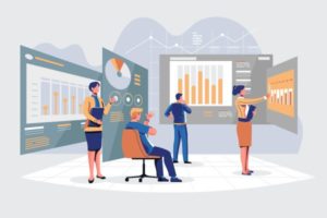  illustration-of-4-people-analyzing-data-sets-with-charts-and-graphs