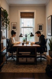 Professional couple working on their careers from a shared workspace