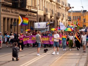 LGBTQ+ community members marching together, a reminder that Pride began as a protest for rights and dignity, not a commercial opportunity.
