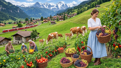 Idealized rural life with a woman harvesting in a scenic countryside.