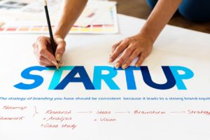 white table with a person writing start up in big letters
