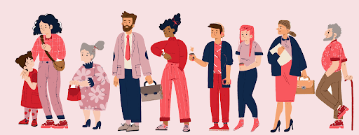 Illustration on a light pink background featuring a diverse row of people standing side by side.
